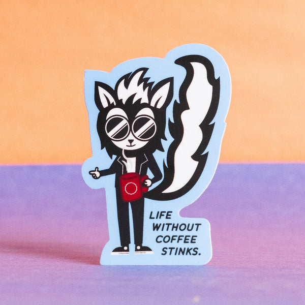 A sticker featuring a skunk wearing a leather jacket and drinking coffee