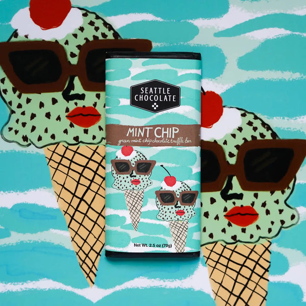 Seattle Brand mint chip truffle bar with ice cream cones wearing sunglasses 