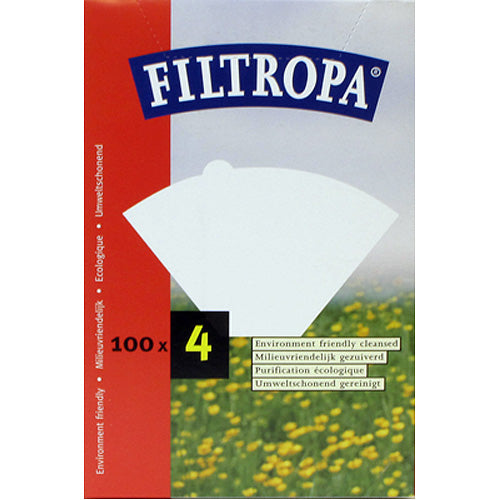 Box of number 4 filtropra brand filters for brewing coffee.  100 filters per box 