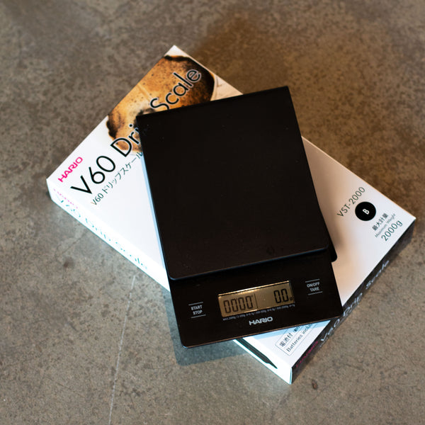 Hario brand v60 drip scale perfect for measuring coffee and water perfectly every time.  