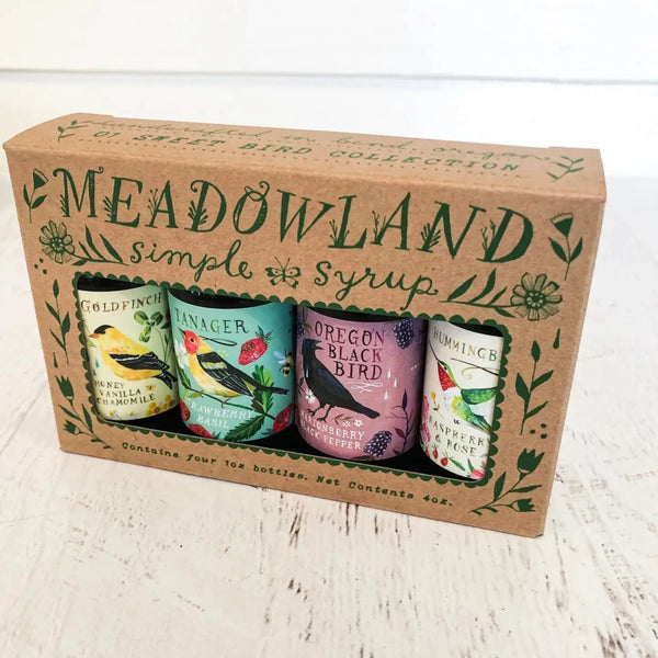 Meadowland syrup sample set in four flavors.  Honey, vanilla chamomile, strawberry basil, marion black pepper, and raspberry and rose 