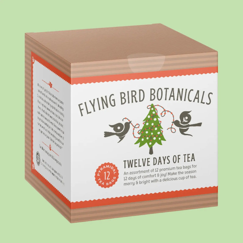 Box of Flying Bird Botanicals Twelve Days of Tea on a light green background