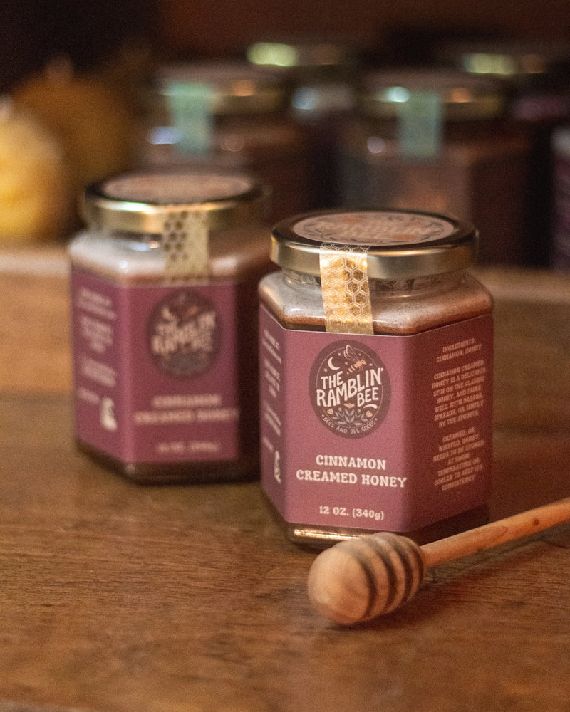 Glass jar of cinnamon creamed honey
