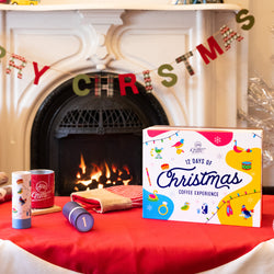 Christmas-themed product set with a fireplace in the background