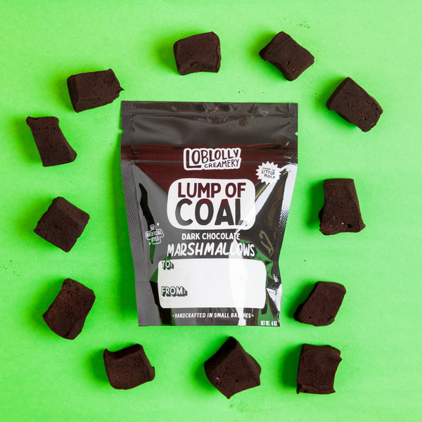 Lump of coal shaped marshmallows in a bag
