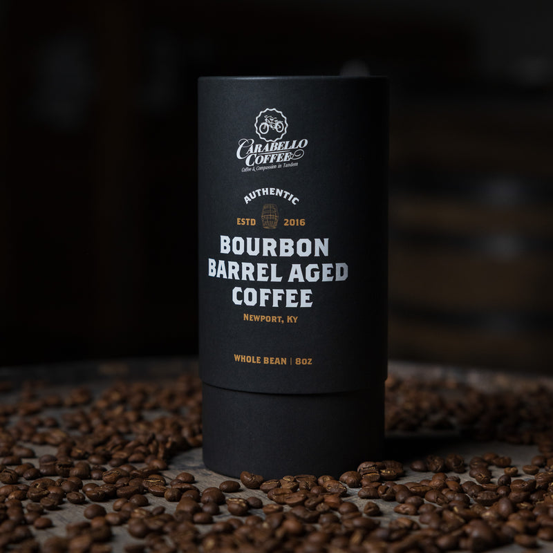 Black coffee container with 'Carabello Coffee' branding on a dark background with coffee beans.