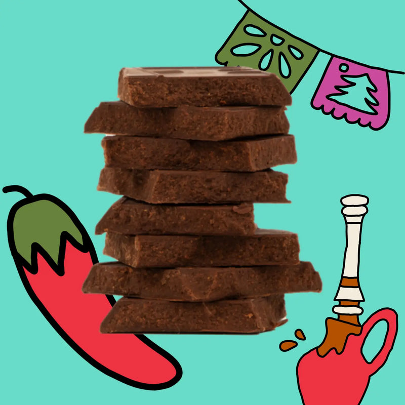 Stack of chocolate bars with a chili pepper and tequila bottle illustration on a teal background