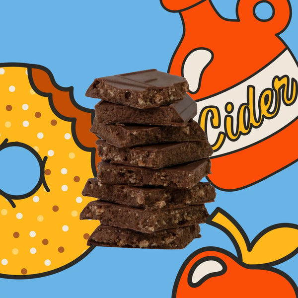 Stack of chocolate bars with colorful graphics in the background