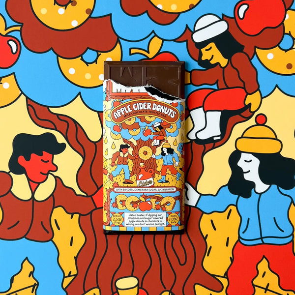 Candy bar packaging with colorful design on a stylized background