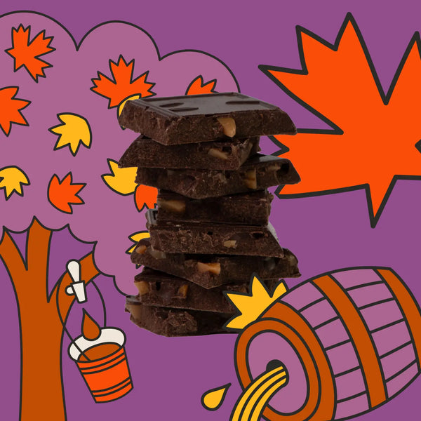 A stack of chocolate pieces in front of a colorful Fall background 