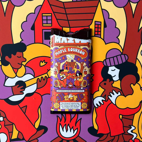Maple Bourbon chocolate bar packaging with colorful illustration on a vibrant background