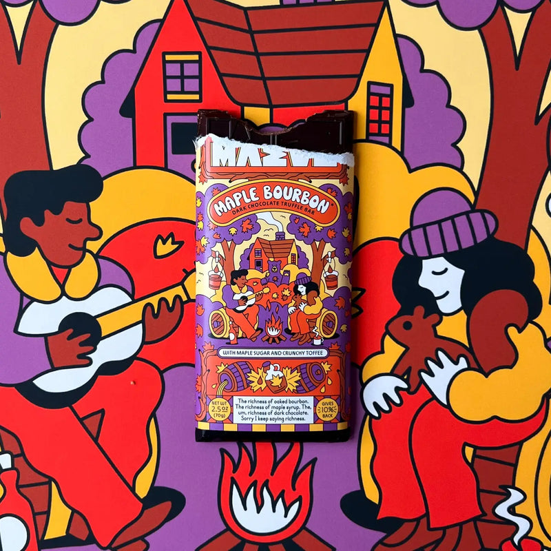 Maple Bourbon chocolate bar packaging with colorful illustration on a vibrant background