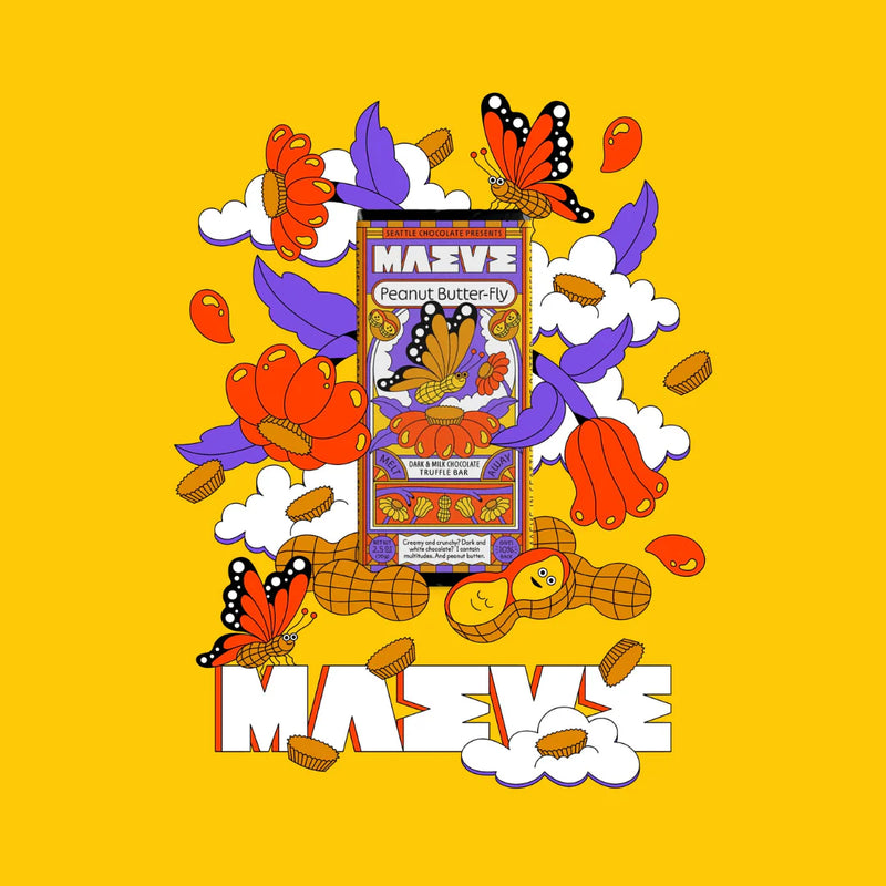 Illustration of a MAEVE Peanut Butterfly product on a yellow background with butterflies and flowers.