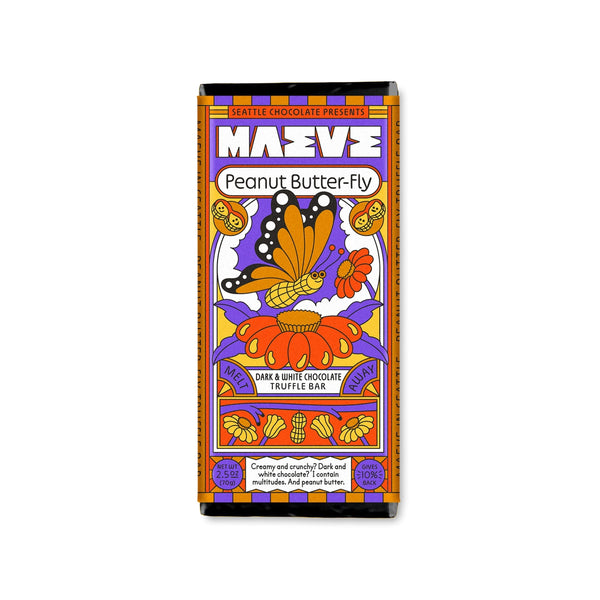 Chocolate bar packaging with colorful design and text on a white background