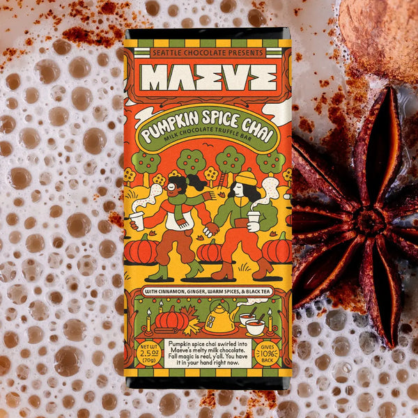 Pumpkin Spice Chai chocolate truffle bar packaging with decorative elements on a textured background