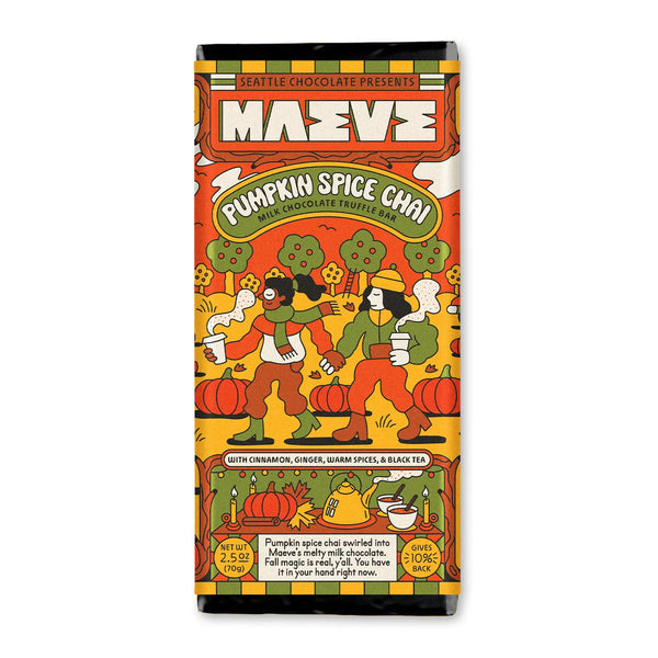 Pumpkin Spice Chai truffle bar packaging with colorful design on a white background