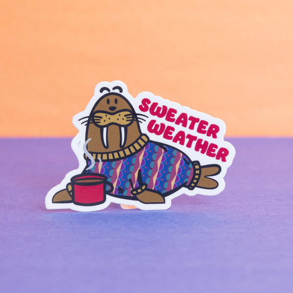 Walrus wearing sweater and drinking coffee sticker 