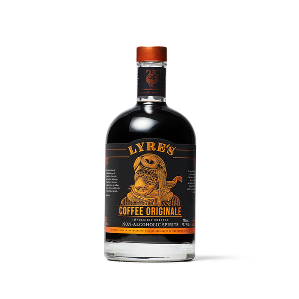 A bottle of Lyre's Coffee Originale Non Alcoholic Spirit with a label featuring an illustration of a coffee bean and the text 'Lyre's Coffee Originale, 20% ABV 43.4% Vol.