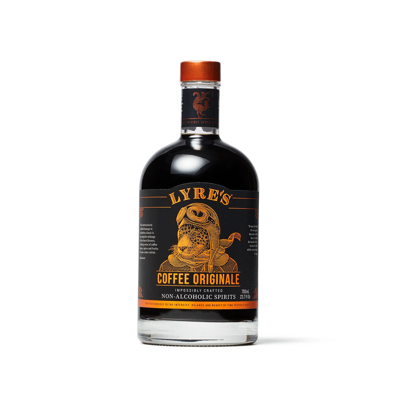 A bottle of Lyre's Coffee Originale Non Alcoholic Spirit with a label featuring an illustration of a coffee bean and the text 'Lyre's Coffee Originale, 20% ABV 43.4% Vol.