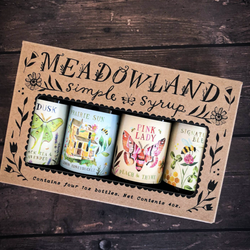 Meadowland syrup sample set.  Contains 4 bottles that are 1 oz each of each of these flavors.  Black tea and lavender, lemon honeysuckle, peach and thyme, and signature simple syrup