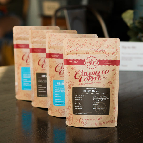 Image of four Single Origin coffees available with this product. Coffees vary from image, and are chosen form our current stock. Click image for product info or to view.