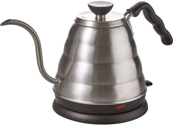 metal kettle with lid, coated handle, very thin spout on an electric base.  
